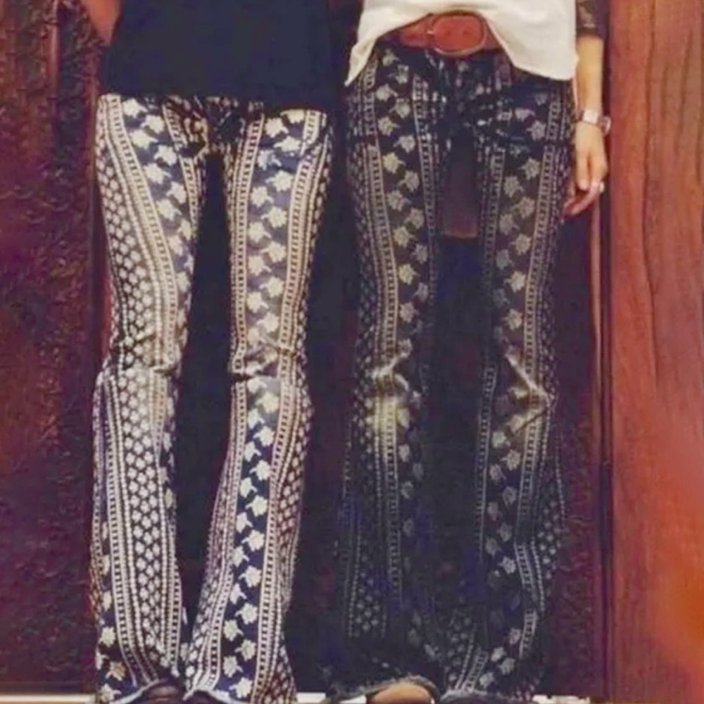 Free People Bali Mantra Indigo Boho Bandana Printed Flare Bell Bottom Jeans